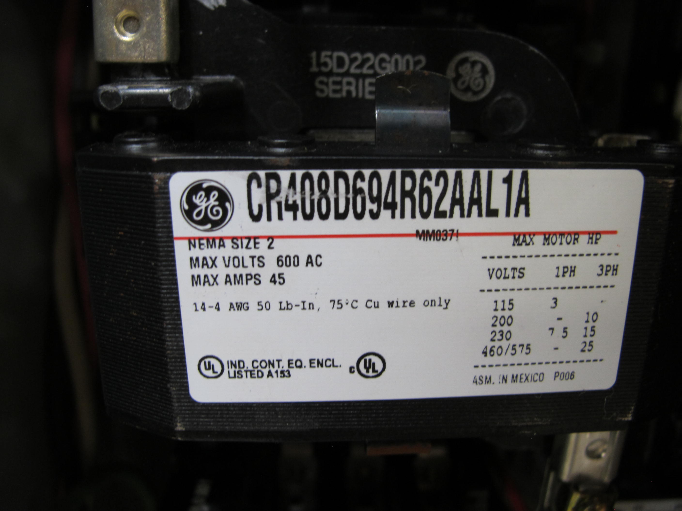 GE 300 LINE-CONTROL COMBINATION MOTOR CONTROLLER, RAINPROOF ENCLOSURE, MO# MTSJ800, 600 VAC, NEMA 2. LOADING & HANDLING FEE $15-4041